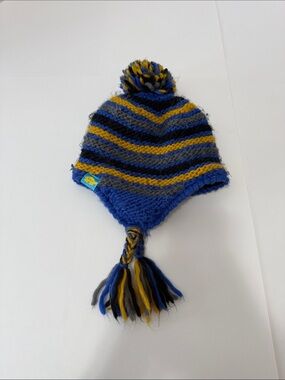 Turtle fur -Striped Knit Pom Earflap Hat for Kids — Blue, Yellow & Gray